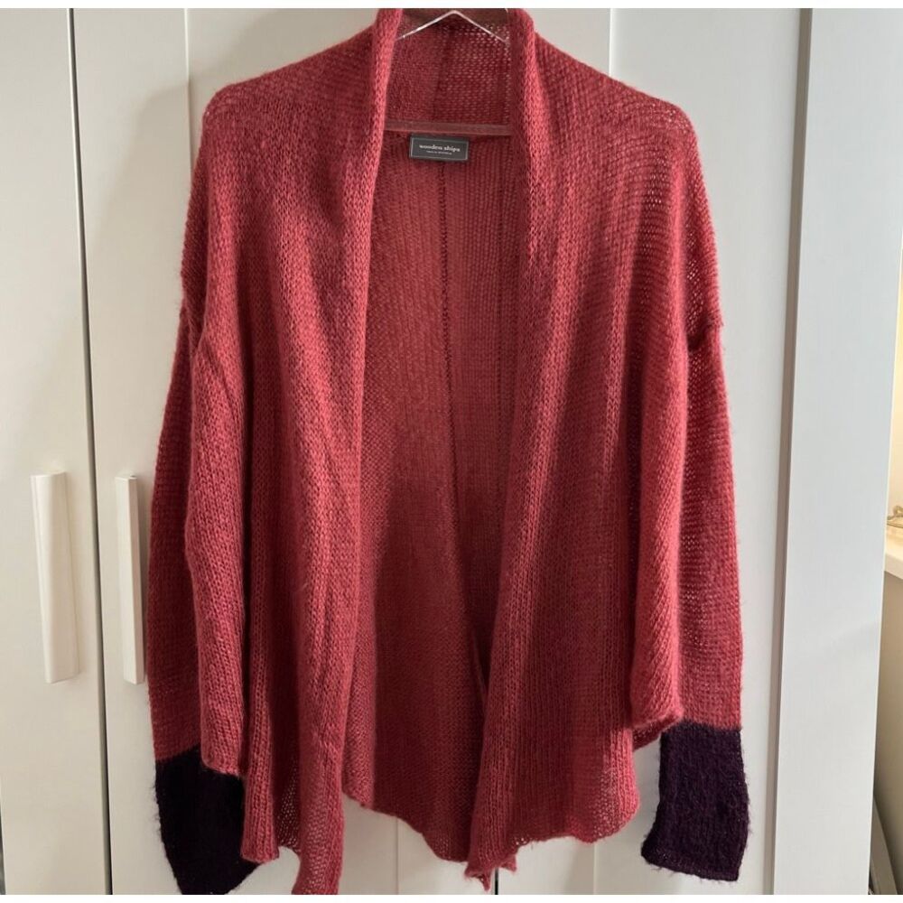 Wooden Ships Sweater Medium Pink Gray Mohair Blend Lightweight Open Cardigan S/M